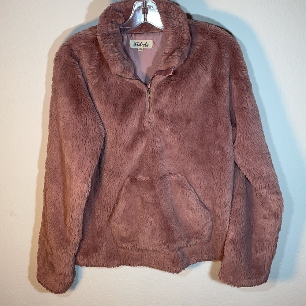 Listicle 1/4 zip Faux fur soft pullover popover teddy bear coat Mauve cozy M